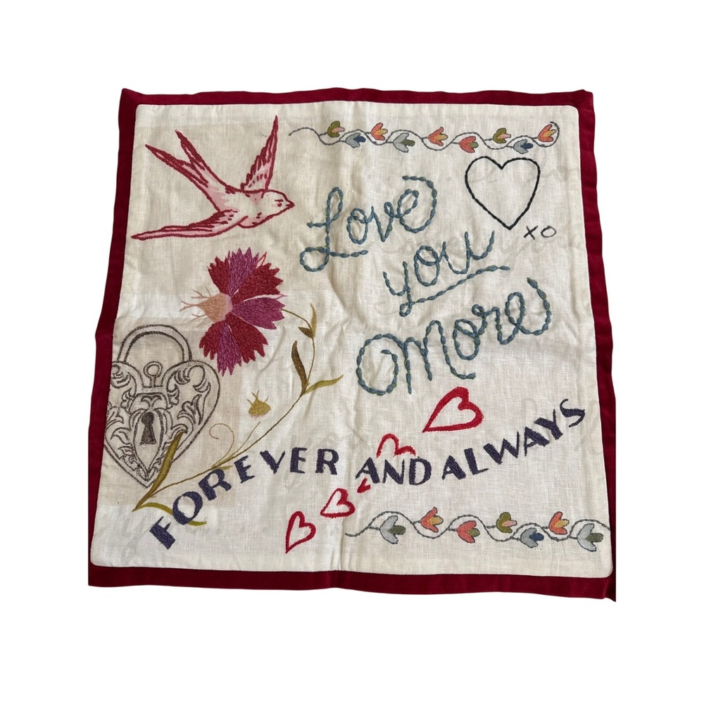Pottery Barn Love You More Embroidered Linen Velvet Pillow Cover 20x20 Red Cream